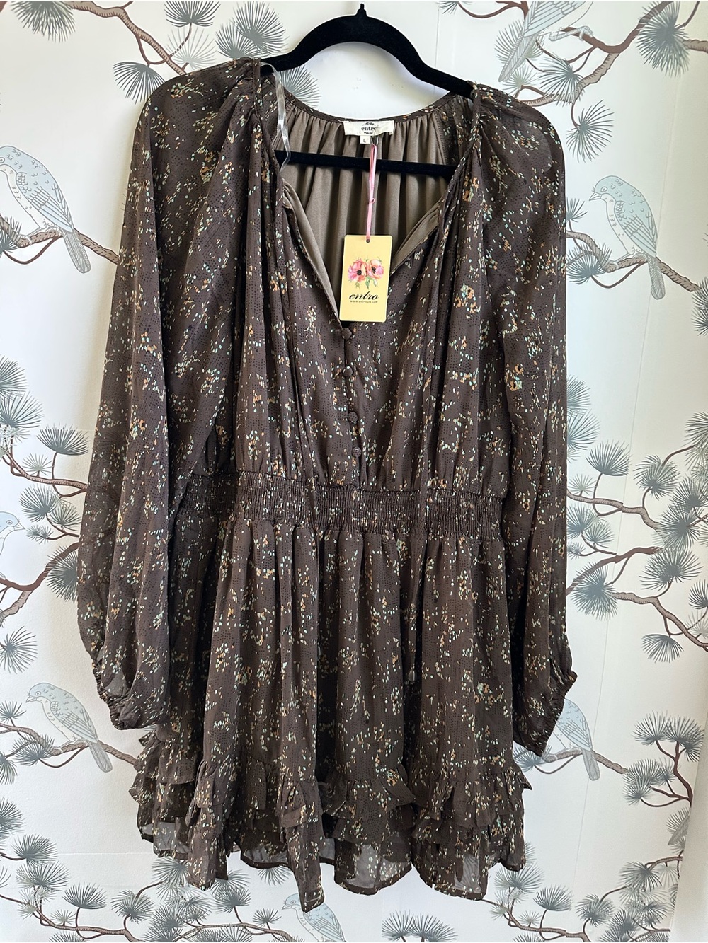 NWT Entro Brown Floral Long Sleeve Smocked Mini Dress Size Large